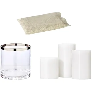 EDZARD Windlicht Molly, mundgeblasenes Kristallglas mit Platinrand, Höhe 18 cm, ø 18 cm - Plus 3er Set Dauerkerze Cornelius (Durchmesser 6 cm, Höhen 6, 8 und 11 cm) - Plus 1 kg Dekogranulat weiß