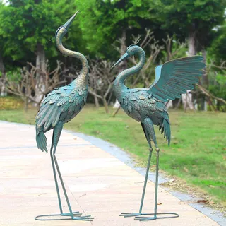 Oritty Kranich-Gartenstatue aus Metall, Vogel-Gartenfigur und Statue, Außendekoration für Hof, Terrasse, Rasen, Garten oder Pool, Vintage-Kranich mit ausgebreiteten Flügeln, 84–94 cm, 2er-Set