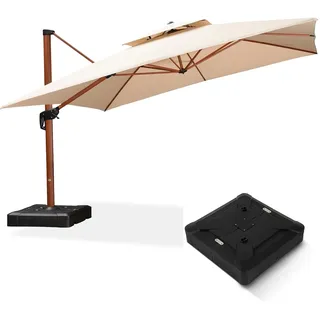PURPLE LEAF Alu Holzoptik Sonnenschirm Ampelschirm 365 x 365 cm mit Schirmständer Gartenschirm Groß mit Kurbel 360° Drehbar Doppeldach, XXL, Sonnenschutz UV50+, Beige