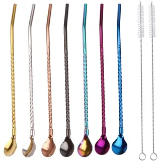 LATRAT 7 Stück Wiederverwendbare Edelstahl Trinkhalme Löffel 2 in 1 Spiral Metall Löffel-Strohhalme, Strohhalme Cocktail Strohhalme Latte Macchiato Bar Cocktail Rühren Kaffee