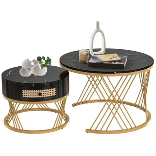 REDOM Couchtisch Satz Marmor Furnier Sofa Seite Nest von Tischen Runde Endtische (2-St., Sturmbare Struktur Für Stabilität Und Haltbarkeit Einfach Zu Montieren), Satz von 2, Goldene Farbe Frame schwarz 70 cm x 45.5 cm x 70 cm