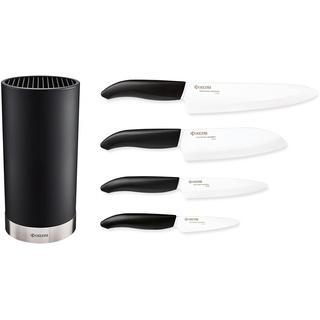 Kyocera Soft-Touch Messerblock Schwarz | bis zu 8 Messer | mit 4 GEN Keramik Messer | Santoku Messer, Universalmesser, Gemüsemessser, Schälmesser | Messerblock rund aus Kunststoff und Edelstahl
