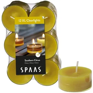 Spaas 12 Maxi Duftenden Clearlights, Teelichter mit durchsichtigem Halter, ± 8 Stunden-Southern Citrus, Paraffinwachs, Herbst gelb, D 56 mm x H 21 mm