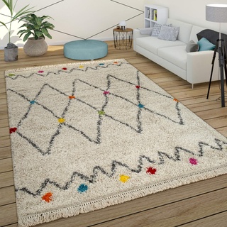Paco Home Teppich Bunt Beige Shaggy Flauschig Ethno Design Hochflor Punkte Rauten Muster, Grösse:80x150 cm