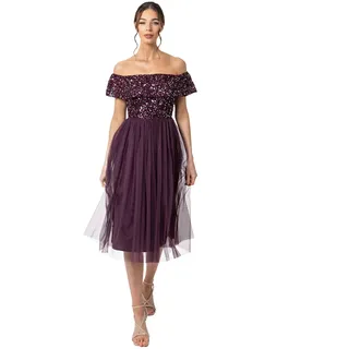 Abendkleid mit Pailletten - Cocktailkleid Damen mit V-Ausschnitt - Tüllkleid Damen mit Kurzen Ärmeln - 38