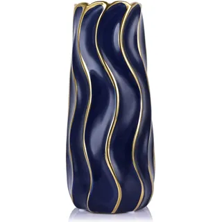 Blaue Keramikvase von 7.5 Zoll, minimalistischer blauer und goldener Blumenvase, großer Pampa-Grasvase, dekorative bohemische Vase für Wohn-, Tisch-, Regal-, und Kamindekoration