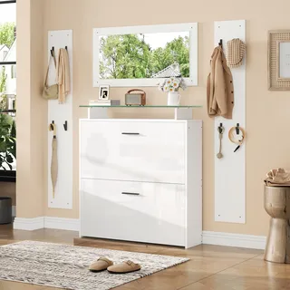 Merax Garderoben-Set 4-teilig, Flur Garderoben Komplettprogramme mit 1 Schuhschrank, 1 Wandspiegel, 2 Garderobenpaneele, Stylishe Wandgarderobe mit Haken, Flurmöbel aus Holz, Ideal für Eingang, Weiß