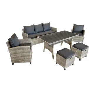 BELLAVISTA Garten Sitzgruppe Madeira II - Grau, Polyrattan, für 7 Personen, Wetterfest, Gartenmöbel-Set 6 teilig mit Sofa, Tisch, 2 Sessel, 2 Hocker