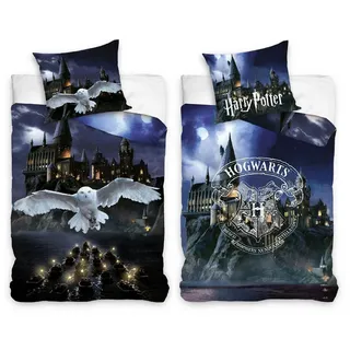 Familando Jugendbettwäsche Harry Potter "Eule" 135x200 80x80 cm - 100% Baumwolle, Reißverschluss, Biber, 2 teilig, mit Wendemotiv Eule Hedwig und Hogwarts blau