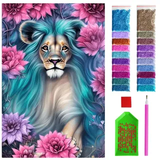 ARTULIO Diamond Painting 60x40 cm - Blauer Löwe in rosa Blumen | Komplettset für Erwachsene: Leinwand, 29.892 Diamanten, Stift, Tablett und Kleberkissen - Malen mit Diamanten