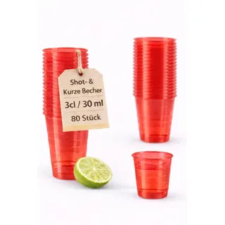 buxmed 80 Stück Shotbecher rot 3 cl mit Skala – Schnapsgläser Plastik, Shotgläser, Pinnchen, Becher für Shots, BPA frei, stapelbar, Party Zubehör & Dosierbecher