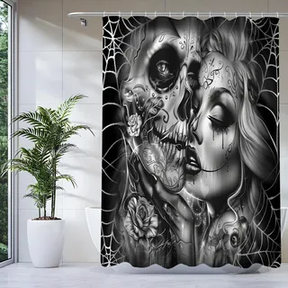 KnSam Schädel Paare Muster Duschvorhang 300 x 200, Totenkopf Schwarz Skull Gothic Duschvorhänge, Polyeste Skull Halloween Skelett Duschvorhang Badezimmer Vorhänge
