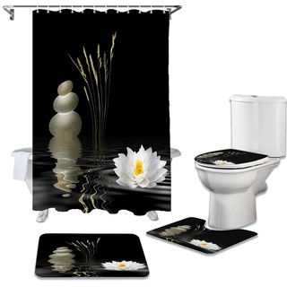 KHDSTYLK Duschvorhang 4-teiliges Set, weißer Lotus, schwarzer wasserdichter Duschvorhang, WC-Sitzkissen, Rutschfester Teppich, U-förmiges Konturkissen, Badezimmerdekoration