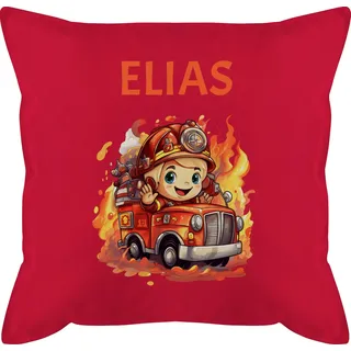 Kissen 50x50 - Feuerwehr - Geschenk Feuerwehrmann mit Name personalisiert I Löschfahrzeug Motiv - 50 x 50 cm - Rot - feuerwehrkissen Kinder personalisiertes Feuerwehrauto Auto Polster Jungen Kind