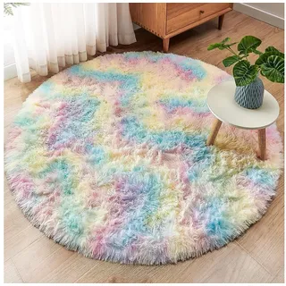 ROHATIM Kinderteppich Plüsch Teppich Rund Flauschiger Teppich Mädchen Kinder Regenbogen 120