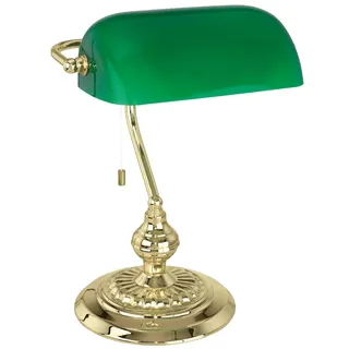 EGLO Tischlampe Banker, 1 flammige Tischleuchte Vintage, Retro, Art Deco, Klassik, Schreibtischlampe aus Stahl und Glas, Nachttischlampe, Bürolampe, Messing, Grün, Lampe mit Zug-Schalter, E27 Fassung
