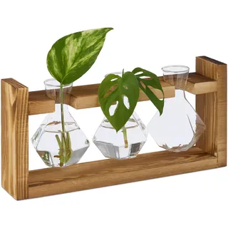 Relaxdays Reagenzglas Vase, geometrische Glasvasen Ständer, Blumen & Pflanzen, HxBxT: 13x28x6,5 cm, transparent/Natur