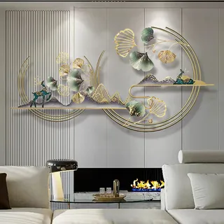 Ainydie Wanddeko Ginkgo Blätter aus Metall, 3D Ginkgo Biloba Wandbild Wandornament Wandskulptur, Metallbild 3D als perfekte Deko Wohnzimmer,125x55cm