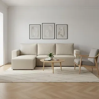 Couch L Form - Mit Schlaffunktion und Bettkasten - Links - 235x76x147 cm - Beige - Kleine Sofaecke - Wohnlandschaft L Form - Schlafsofa Modern - Beige