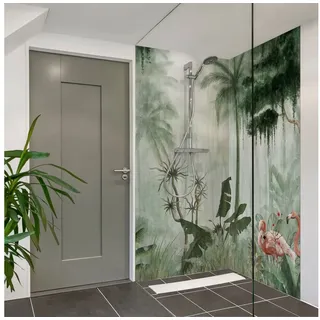 Bilderdepot24 Duschrückwand Wald grün Duschrückwand ohne Bohren Tropisch Natur Tiere, (2-tlg., 0,61 mm starke Folie selbstklebend Wandpaneele Dusche versch. Größen), fugenlose & wasserfeste Motiv Rückwand Wandverkleidung für Duschkabine grün 100 cm x 210 cm