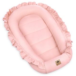 PIMKO Babynest mit rüschen Babynestchen für Baby Kuschelnest Babykokon für Säuglinge und Neugeborene 100% Baumwolle Nestchen geeignet für Zuhause 55 x 90 cm (Pink mit Klappe)