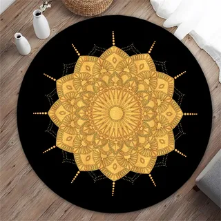 Hearda 3D-Retro-Mandala-Stil Teppich rutschfest Rund Reppich Schlafzimmer, Pflegeleicht Innenbereich Waschbarer Runder Teppich, fürs Wohnzimmer, Büro, Flur (Schwarz,40cm)