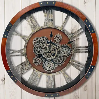 DORBOKER Wanduhr mit original beweglichen Zahnrädern, große industrielle Wanduhr als Wohnzimmerdekoration, Retro-Metall, Massivholz, Vintage, Landhaus, Steampunk, rustikal, schwarze Walnuss, 68 cm