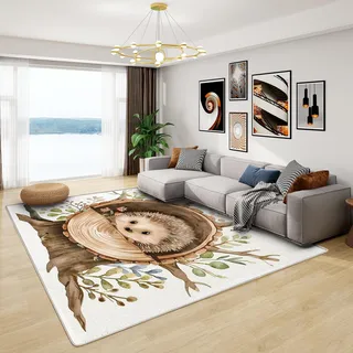 Teppich Kinderzimmer Igel - Teppich Wohnzimmer Schlafzimmer Wald, Kleiner Teppich Waldtiere, Weich Kurzflor & Waschbar & rutschfest Fussmatte Innen, Kinderteppich 80x150 cm