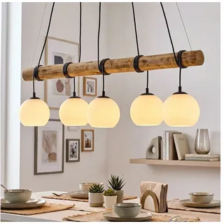 hofstein Pendelleuchte Pendellampe aus Metall/Holz/Milchglas in Schwarz/Naturfarben/Weiß, moderne Hängeleuchte im Boho-Design, 5 x E27 beige