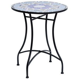 Outsunny Gartentisch Mosaiktisch Balkontisch Beistelltisch Seviertisch rund Stahl + Keramik Blau + Weiß Ø60 x H71 cm