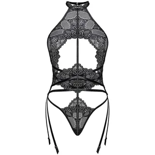 LOVE YOU SEXY Damen Spitze Bodysuit mit Strumpfband Gürtel, Halter Hals rücklos Body ein Stück Bodysuit Dessous Schwarz M