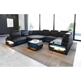 Sofa Dreams Wohnlandschaft Sofa Leder Asti U Mini, Couch, kleines U Form Ledersofa mit LED, Designersofa blau|schwarz