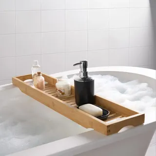 OHS Badewannenablage Holz für Kinder und Dusche 70 x 15cm | Badewannenbrett mit Halterung für Weinglas, Buch & Kerze, Wannenbrücke für entspannte Spa zubehör - Badewannen Zubehör