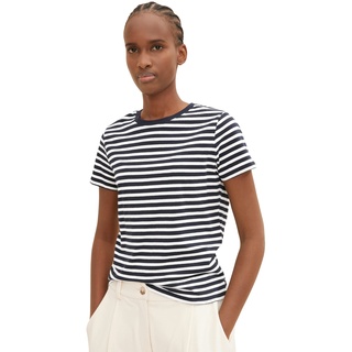 Tom Tailor Denim Damen Boxy Fit T-Shirt mit Streifen aus Bio-Baumwolle, 29133 - White Blue Stripe, S