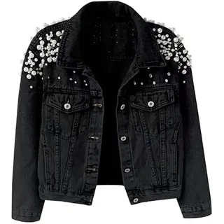 BWGHBH Damen Jeansjacke Übergangsjacke kurz oversize mit Perlen für Frühling Herbst(Schwarz,S) - S