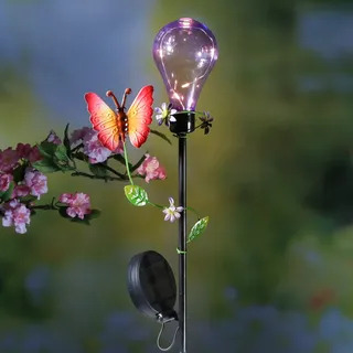LED Solar Gartenstecker Gl√ohbirne mit Schmetterling - 5 warmwei√üe LED - H: 84cm - Lichtsensor