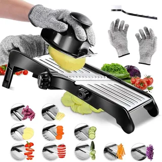Professionelle Mandoline Aus Edelstahl – Scharfe V-förmige Klinge – Verstellbar Von 1–9 Mm – Inklusive Schutzhandschuhen Und Reinigungsbürste