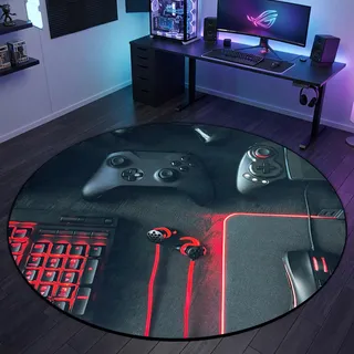 Teppich-Traum Gaming Teppich Konsole Rot Schwarz Ø 80 cm | Rote Akzente mit Gamepads und Spielekonsole, rutschfeste Unterseite, strapazierfähig, pflegeleicht und angenehm weich
