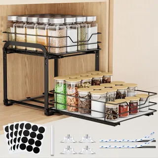 AHOMSEL 2 Etagen Gewürzregal Ausziehbar, Höhenverstellbar Küchenschrank Organizer, Gewürzregal Stehend mit Aufkleber für Schrank Küche Arbeitsplatte, L26*B18*H23cm
