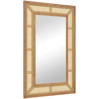 GOPLUS Wandspiegel, dekorativer Spiegel mit Holzrahmen in Rattanoptik, Hängespiegel Badspiegel Boho Dekospiegel für Flur, Wohnzimmer & Badezimmer (Rechteckig)