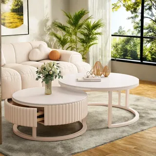 Ggipxalatyr 2 Er Set 50cm+70cm Nesting Tables, Beistelltisch Set,Sofatisch,Kaffeetisch, H- Form Metallbeinen Und Tischplatte Aus Schiefer,Wohnzimmertisch, Modern-Weiß