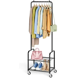 MISSLO Stabil Kleiderständer mit Rollen und Regalen 118 cm Große Kleiderstange aus Metall fürs Schlafzimmer, Schwerlast Garderobenständer für Kleidung, Garderobe, Mäntel, Schwarz