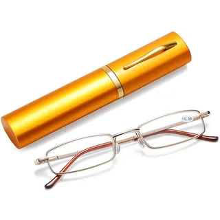 SEMINISMAR Lesebrille,Lesebrille Herren,Lesebrille Damen,Verstellbare Lesebrille,Lesebrille Lesehilfe Unisex LesegeräT Mit Brillenetui,Mini Schmal Lesebrille Federscharnier Metall Lesehilfe,Gold,+1.5