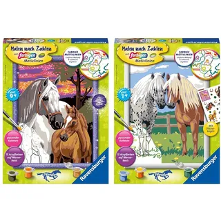 Ravensburger Malen nach Zahlen 28568 - Pferde im Sonnenuntergang & Malen nach Zahlen 28566 - Glückliche Pferde Kinder ab 7 Jahren