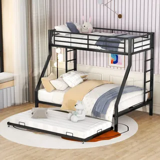 Idemon Etagenbett, Metallbett mit ausziehbarem Bett,mit Leiter auf beiden Seiten für Kinder, Jugendliche, Erwachsene, einfach zu montieren, 90(140) x200cm (schwarz)