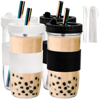 YOUEON 4 Stück 730 ml wiederverwendbare Boba-Tassen mit Deckel und Strohhalm, Eiskaffee-Tassen Glas-Smoothie-Tassen mit Silikonhülle, BPA-frei, spülmaschinenfest, 2 Farben