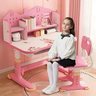 Kinder Schreibtisch und Stuhl Set, höhenverstellbar Kinder Studie Tisch Stuhl Set mit Astronaut Muster, Ergonomische Schreibtischstuhl mit großen Schreibtafel, Bücherregal und Schublade (Rosa B)
