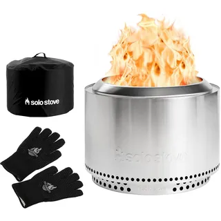 FEUERGOTT Set - Solo Stove Canyon XL Ø 76cm rauchfreie Feuerstelle & Grill- & Ofenhandschuhe, hitzebeständig bis 350°C, größte Edelstahl Feuerschale für Gartenpartys & große Gruppen - Outdoor