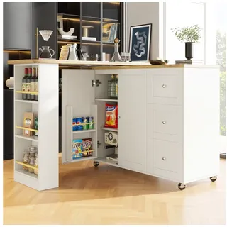 Flieks Bartisch 360° drehbar Esstisch mit Sideboard (138–209x39x106 cm) (Set, 1-St., mit Rollen und Snackregal), ausziehbar Stehtisch mit 2 Türen und 3 Schubladen Kommode Bistrotisch weiß