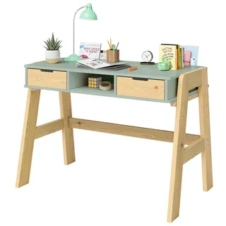 Bellabino Campo Kinderschreibtisch höhenverstellbar, Mintgrün, 2 Schubladen | 56-75 cm, Schreibtisch Kinder ab 6 Jahren, viel Stauraum, Schülerschreibtisch, Kiefer Massivholz, Kinderzimmer, Lerntisch